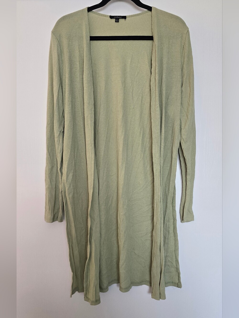 Ambiance - Thin Light Green Long-Sleeve Flowy Ribbed Open Cardigan
